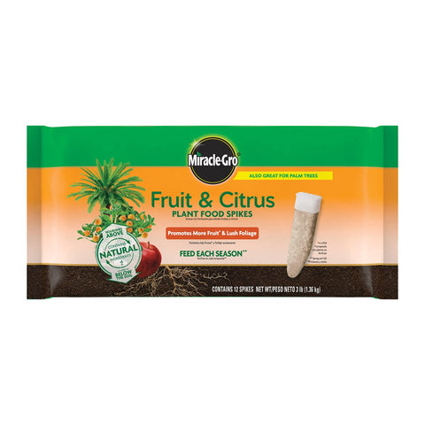 Miracle-Gro Fruit & Citrus Spikes packaging demonstrates easy tree feeding for home gardens.