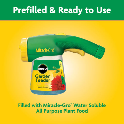 Miracle-Gro garden feeder attached to hose provides quick nourishment