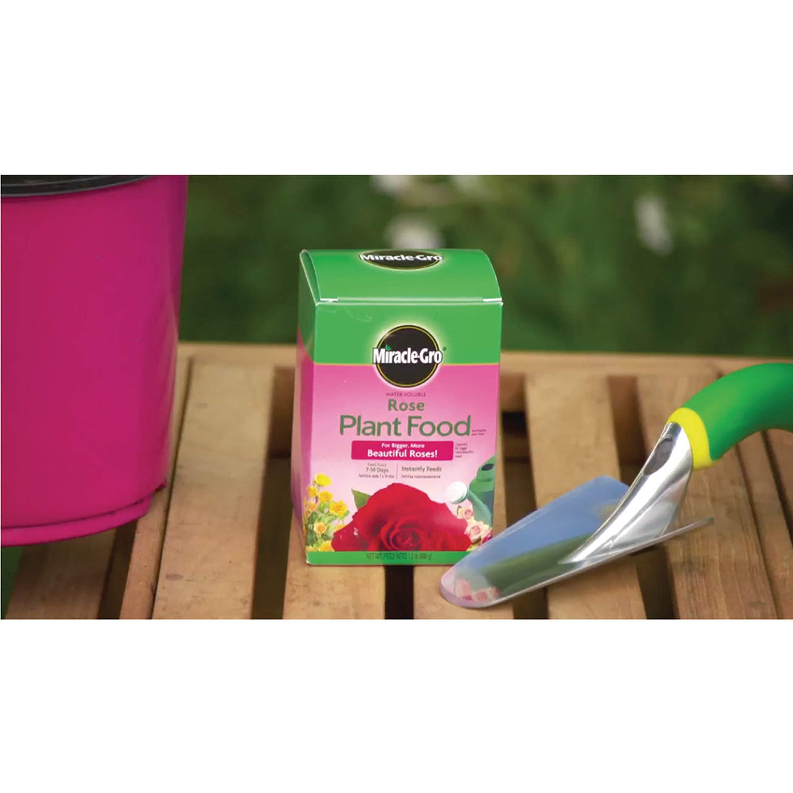Miracle-Gro Garden Feeder applying fertilizer to soil near roses.