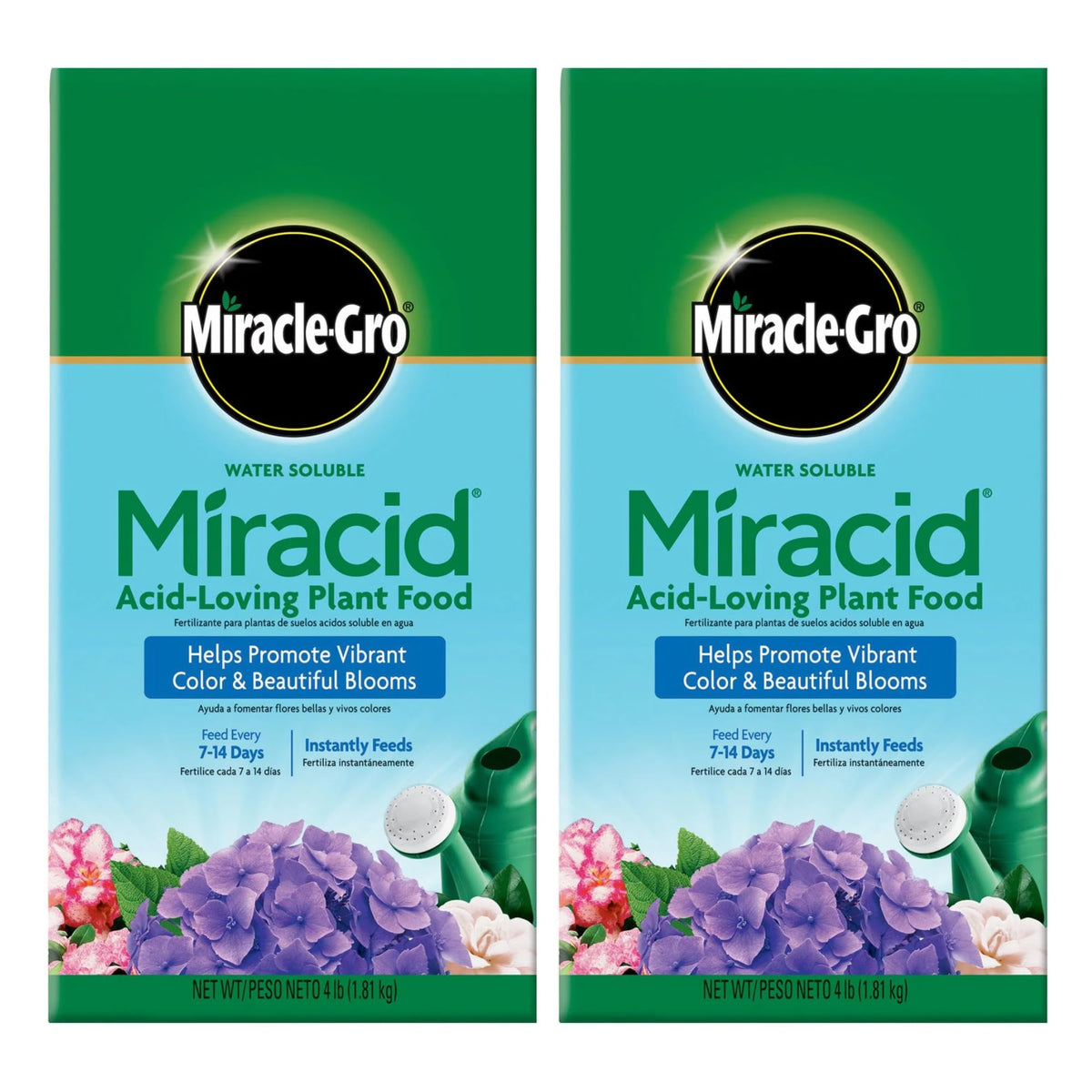 Miracle-Gro Garden Pro Miracid for azaleas and hydrangeas; boosts blooms and root strength.
