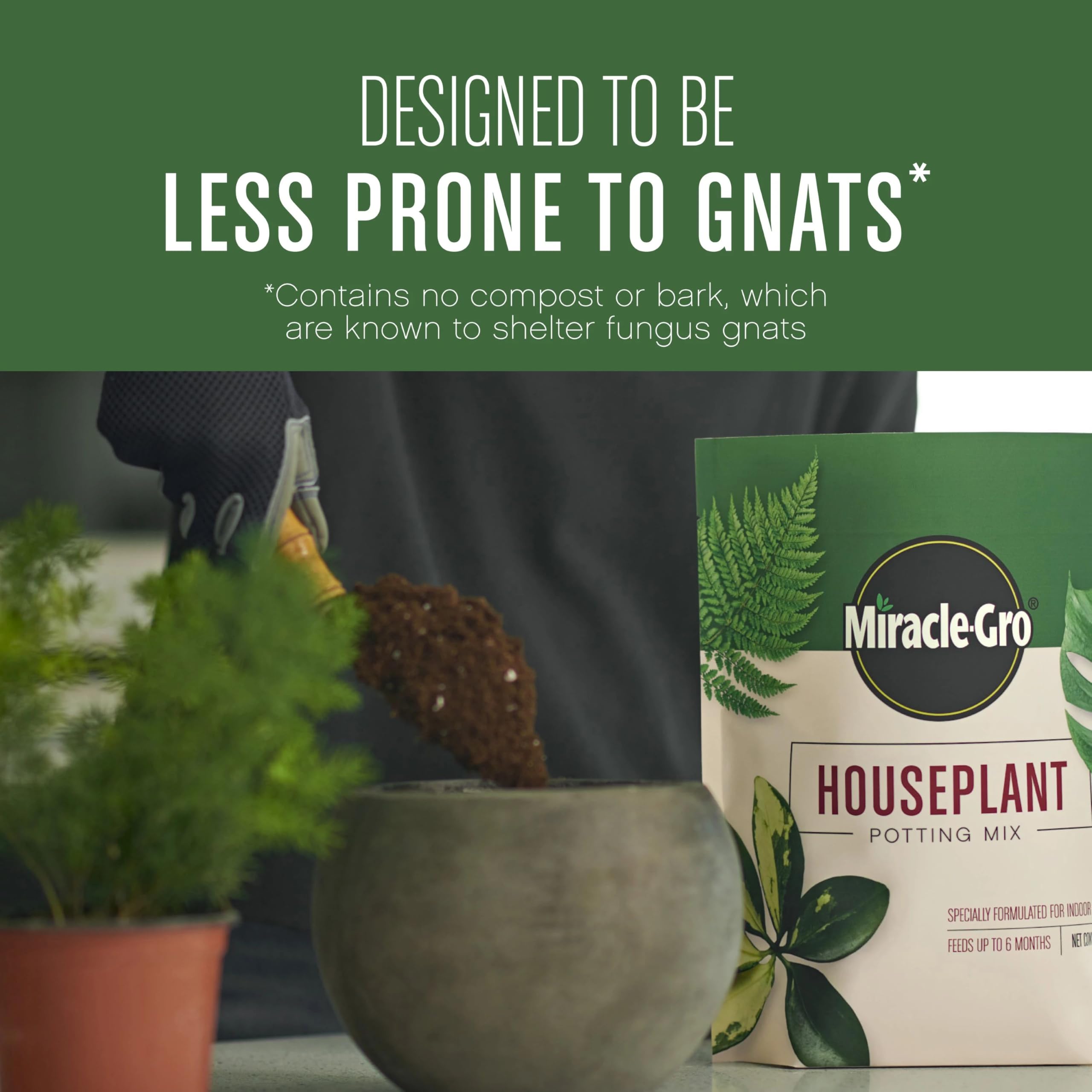 Miracle-Gro Houseplant Potting Mix application; easy fill-and-cover around roots.