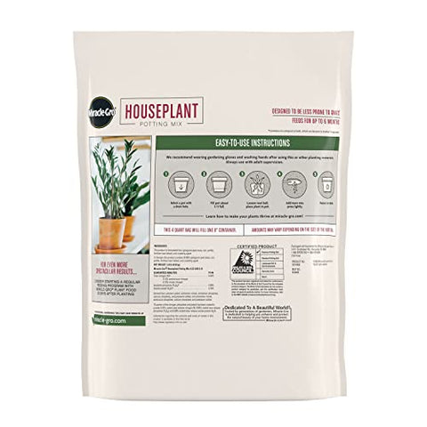 Miracle-Gro Houseplant Potting Mix provides nutrients for up to six months of feeding