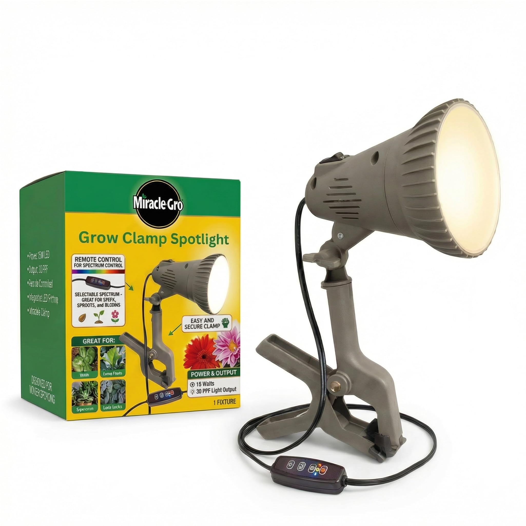 Miracle-Gro indoor grow light clamp spotlight with adjustable clamp for precise plant lighting.