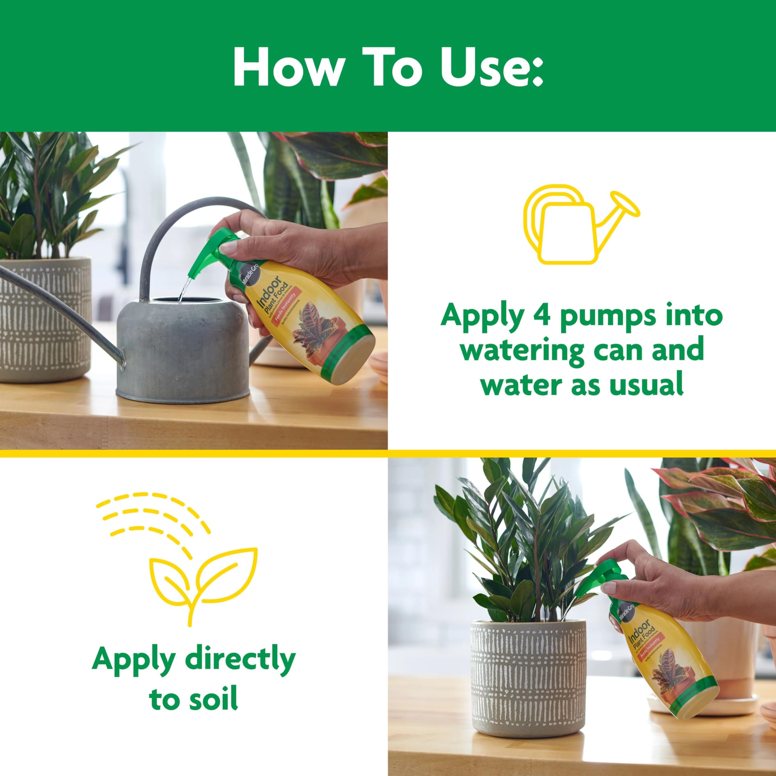 Miracle-Gro Indoor Plant Food application poured directly onto soil.
