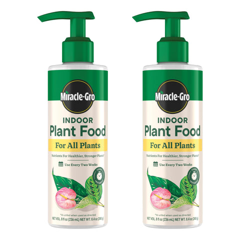 Miracle-Gro Indoor Plant Food bottle front; two-bottle pack promotes healthier indoor plants.