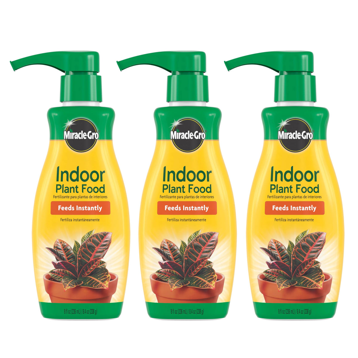 Miracle-Gro Indoor Plant Food bottle pour showing instant nutrients for thriving houseplants