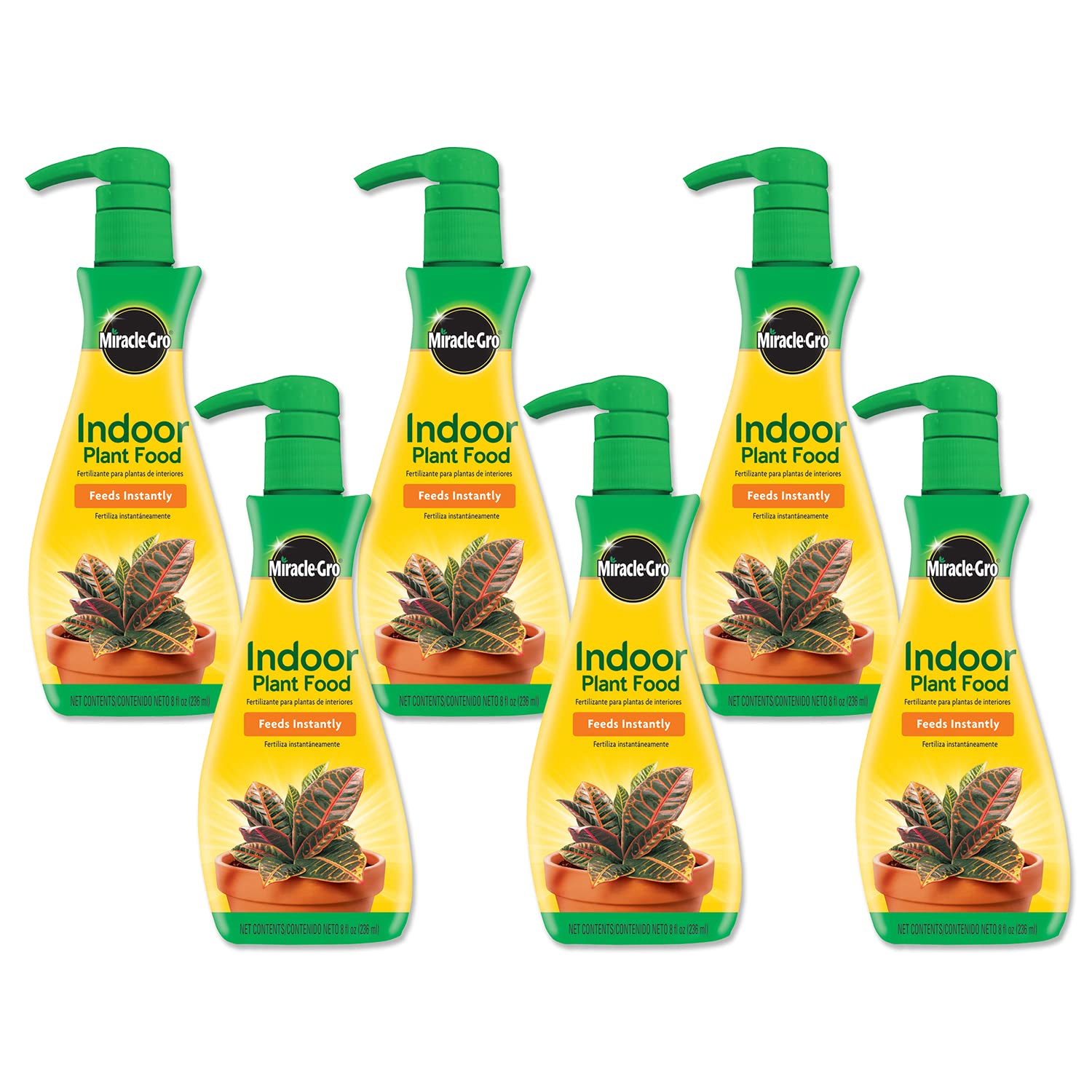 Miracle-Gro Indoor Plant Food bottle boosts healthy indoor leaves.
