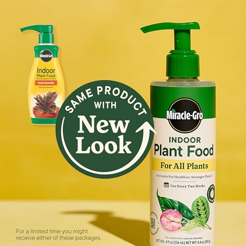 Miracle-Gro Indoor Plant Food pump-dispense close-up supports easy feeding for all indoor plants.