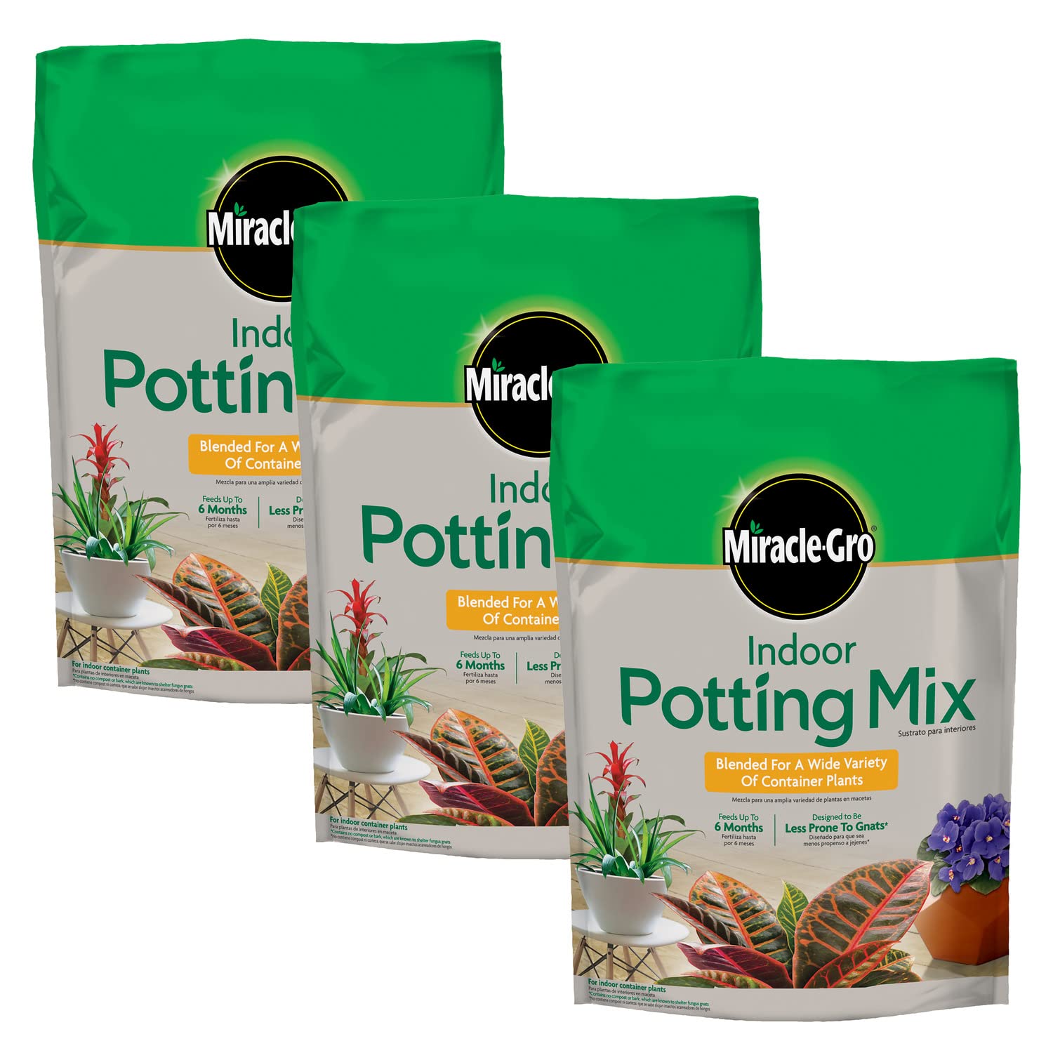 Miracle-Gro Indoor Potting Mix 3-pack packaging promotes easy multi-container setup.