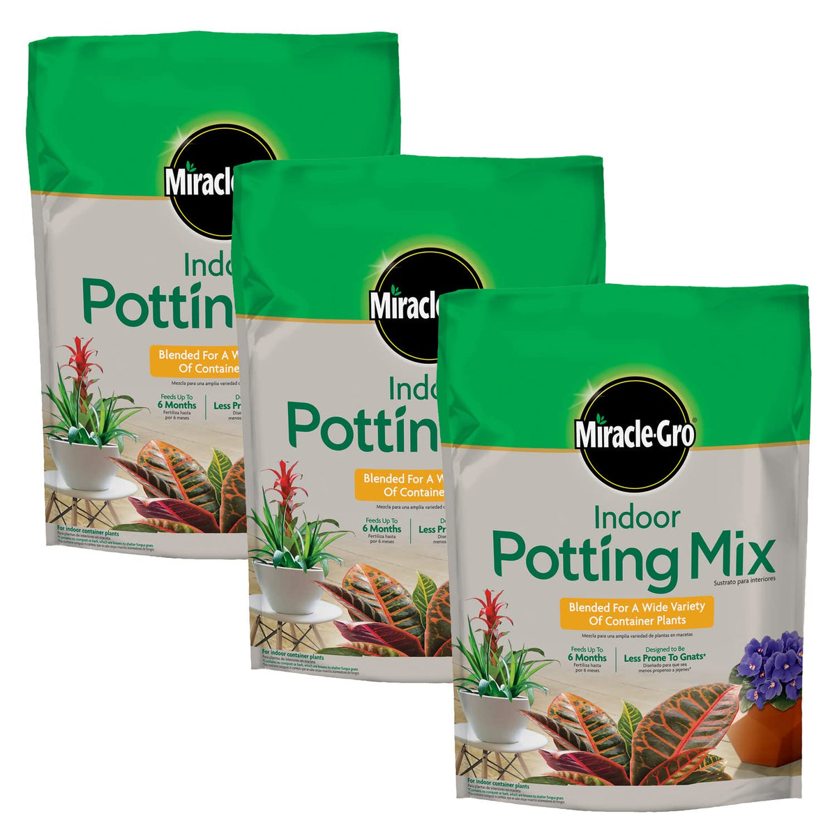 Miracle-Gro Indoor Potting Mix 3-pack packaging promotes easy multi-container setup.