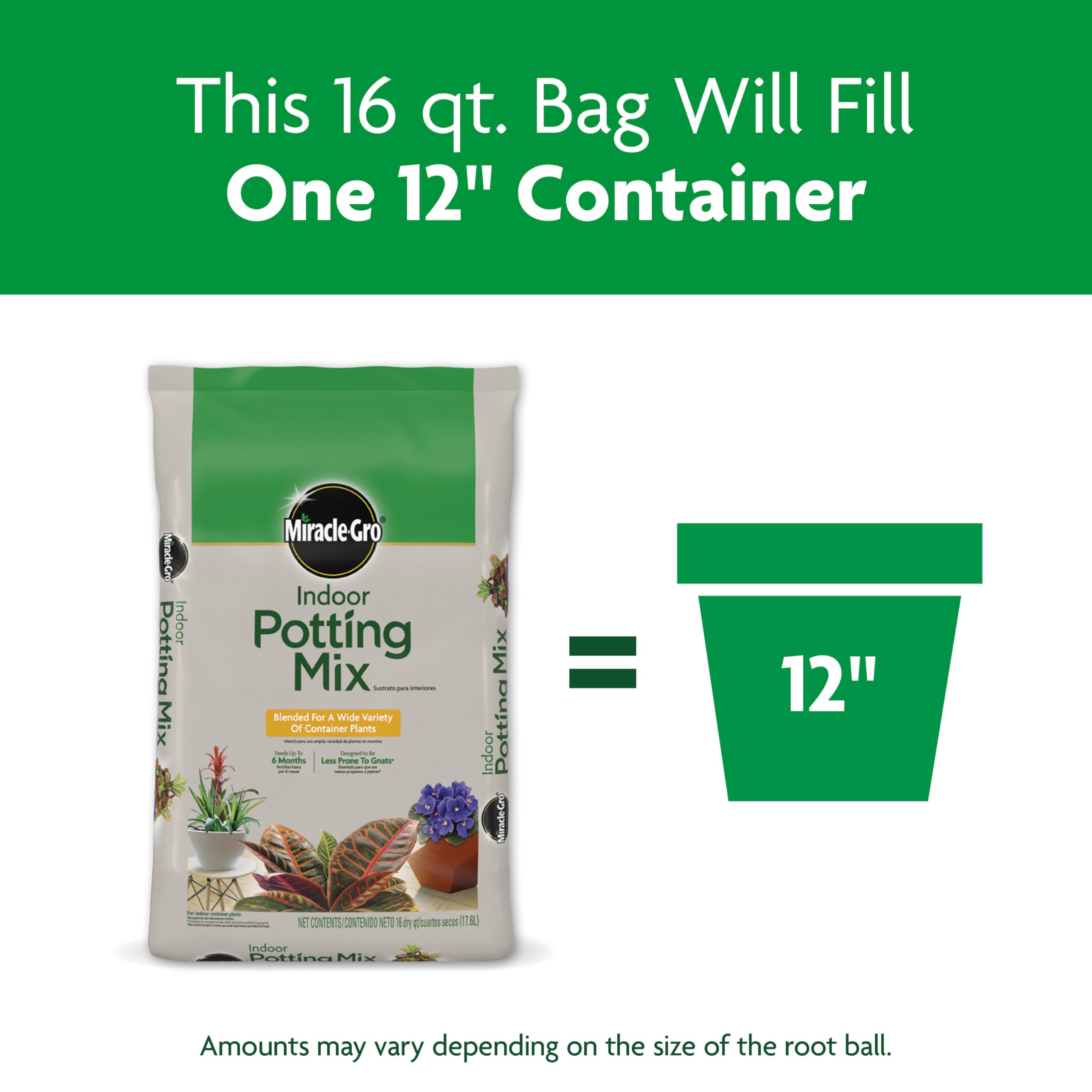 Miracle-Gro Indoor Potting Mix ideal for 12-inch containers and varied plants.