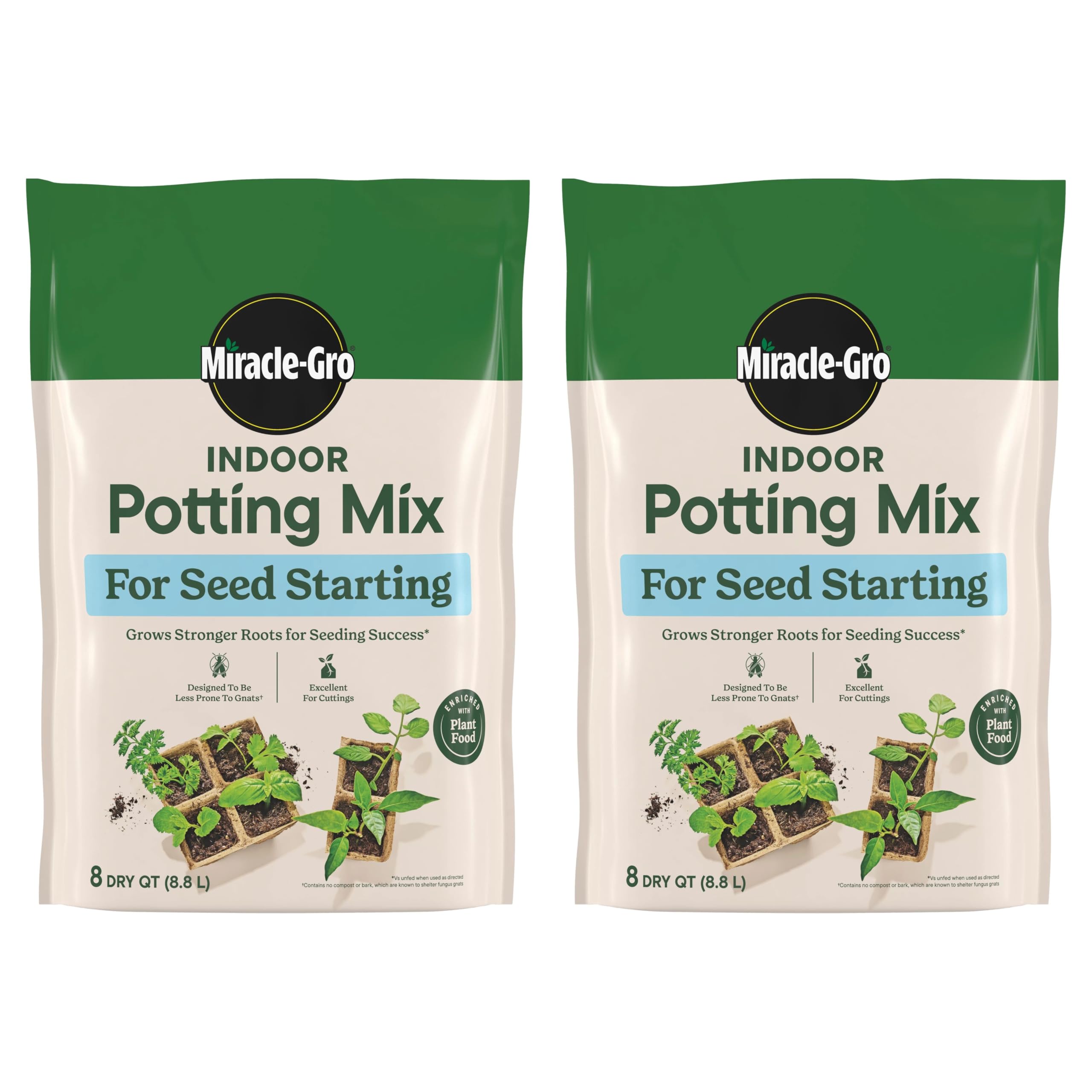 Miracle-Gro Indoor Potting Mix two bags ready for seed starting in a home garden.