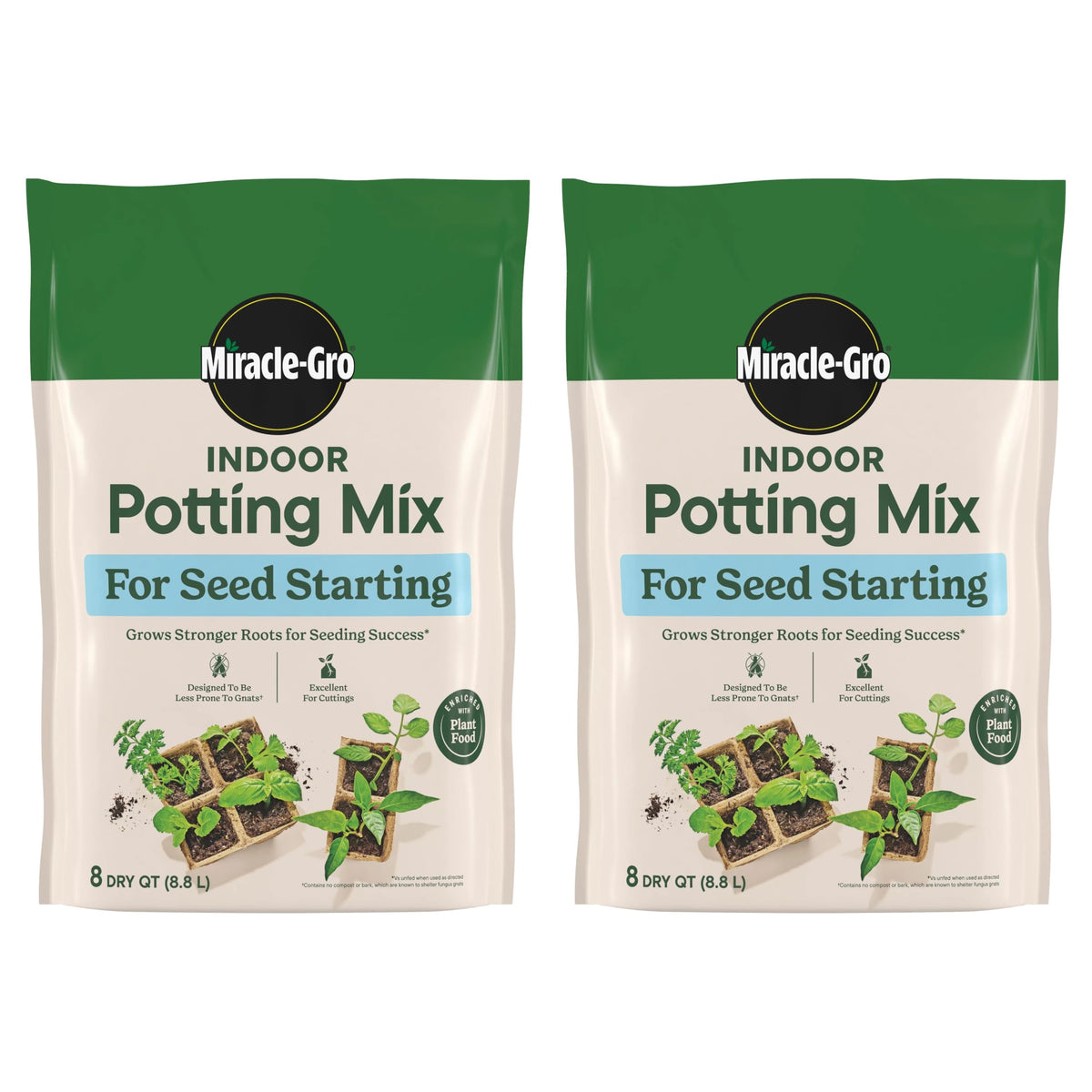 Miracle-Gro Indoor Potting Mix two bags ready for seed starting in a home garden.