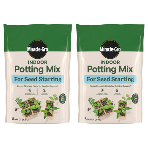 Miracle-Gro Indoor Potting Mix two bags ready for seed starting in a home garden.