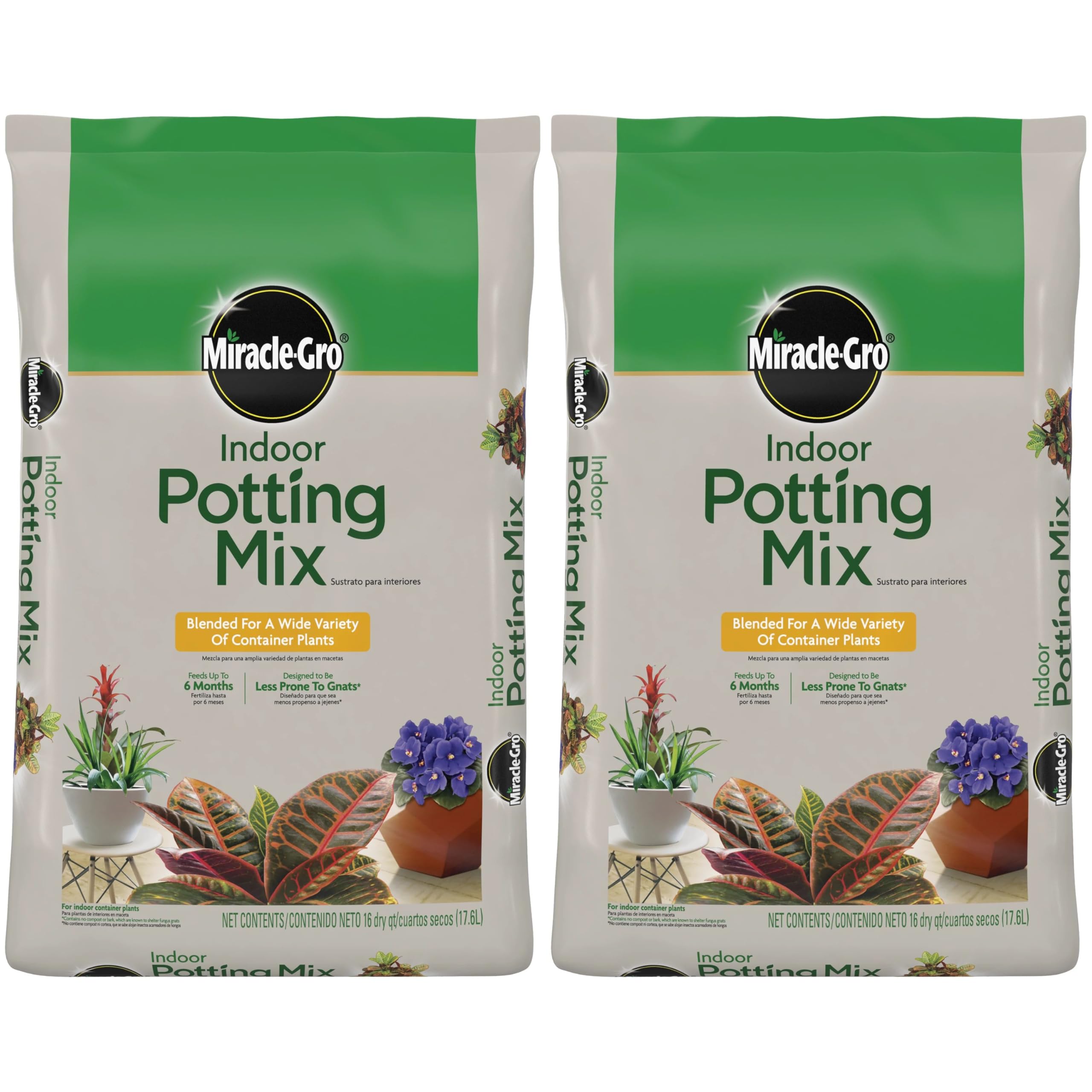 Miracle-Gro Indoor Potting Mix two-bags pack ready for use in containers.