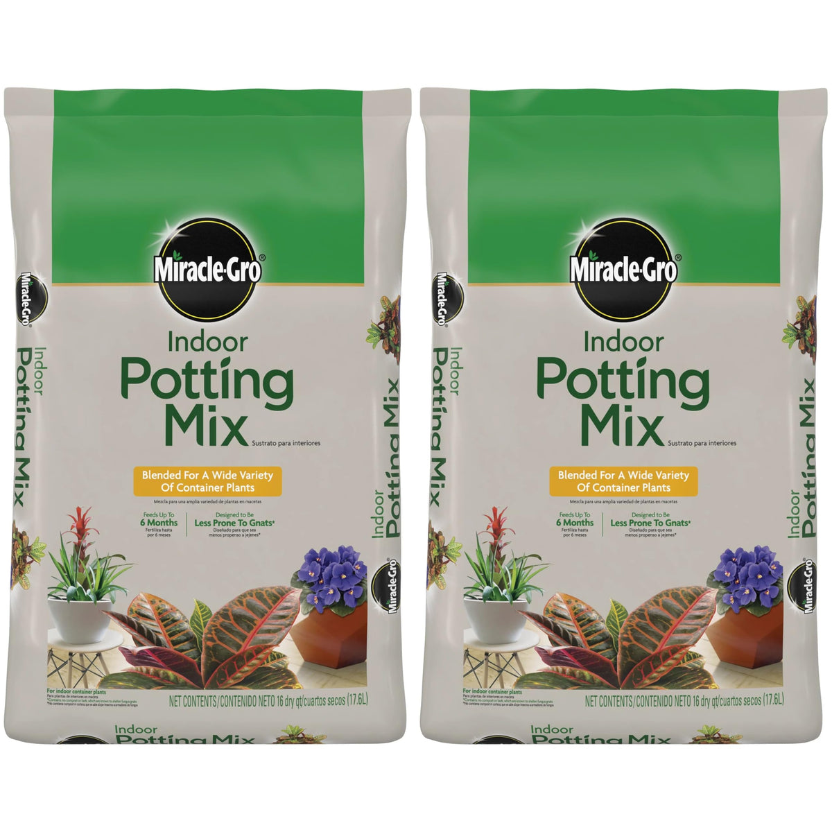 Miracle-Gro Indoor Potting Mix two-bags pack ready for use in containers.