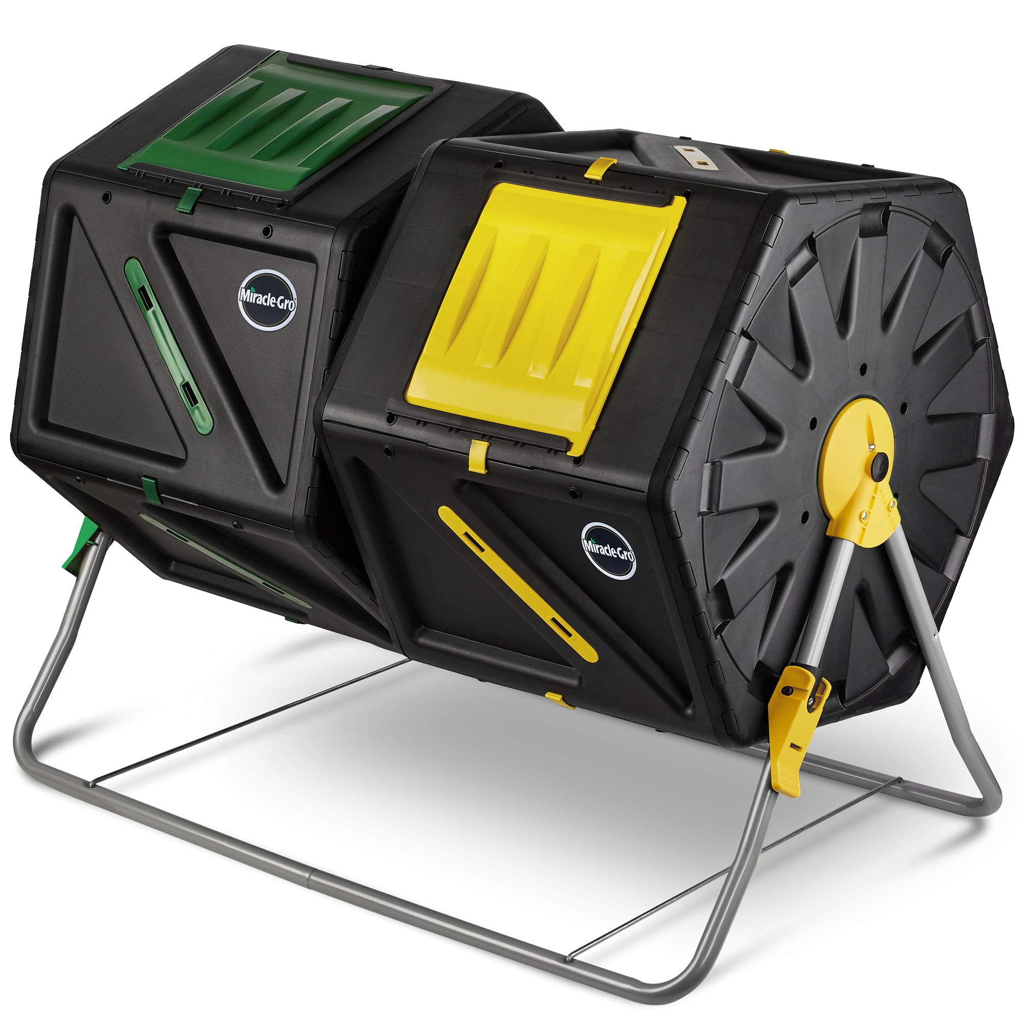 Miracle-Gro large dual-chamber compost tumbler with 55 gallons capacity for continuous soil enrichment.