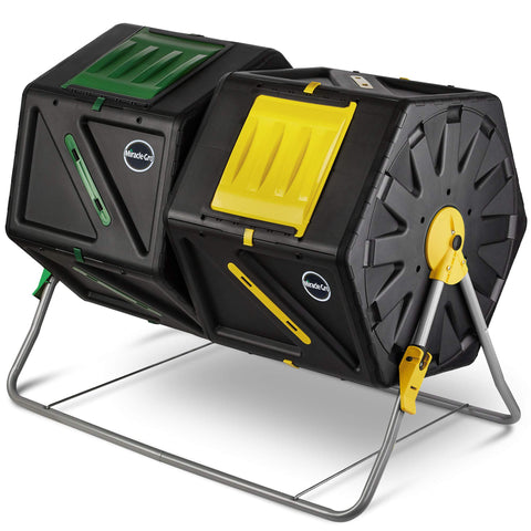 Miracle-Gro large dual-chamber compost tumbler with 55 gallons capacity for continuous soil enrichment.