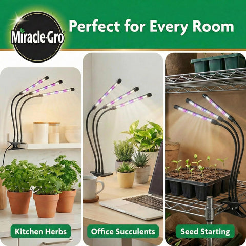 Miracle-Gro LED grow light clip-on design on a desk setup for convenience.