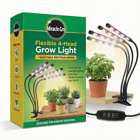 Miracle-Gro four-head LED grow light overview showing reliable indoor plant support.
