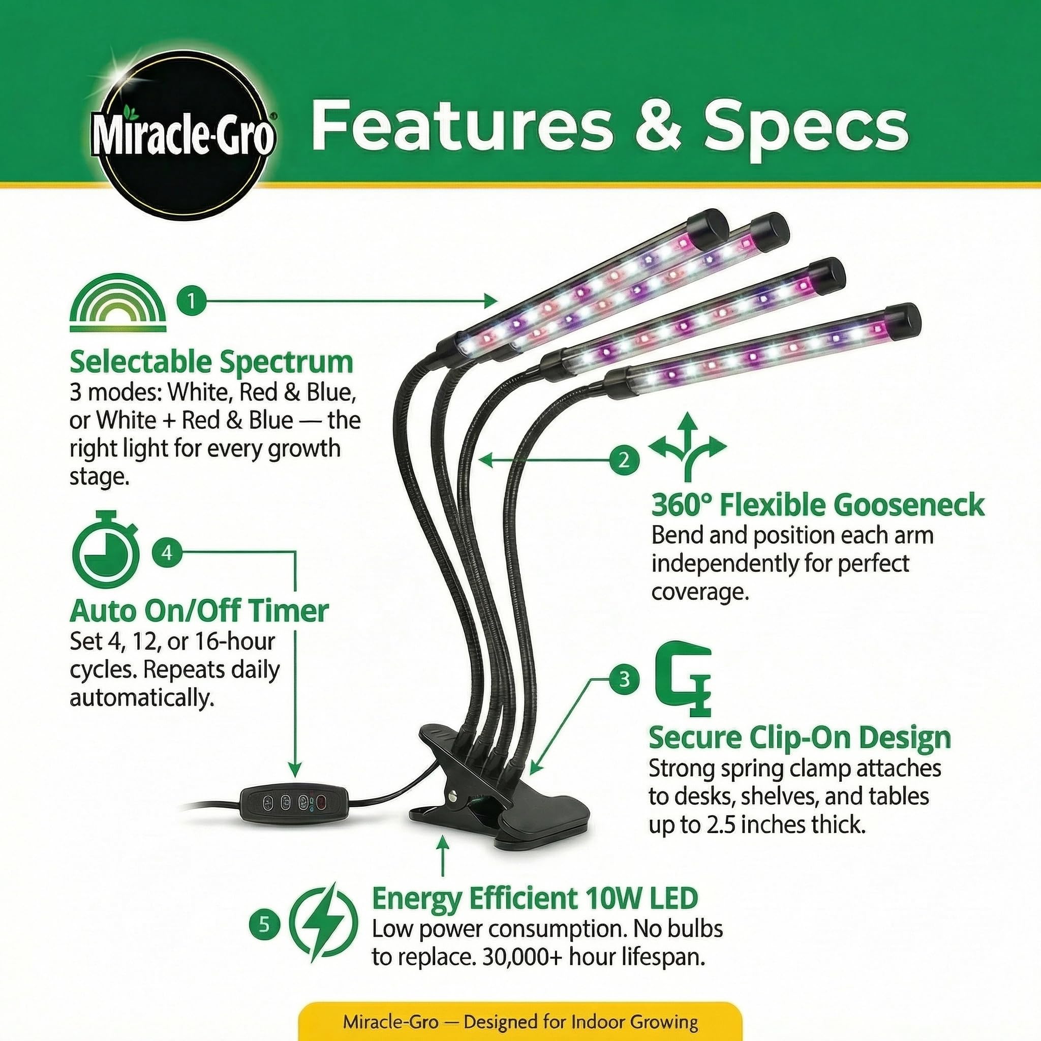 Miracle-Gro gooseneck arms direct light precisely for plants.