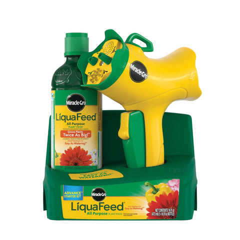 Miracle-Gro LiquaFeed feeder attached to hose for easy garden feeding.