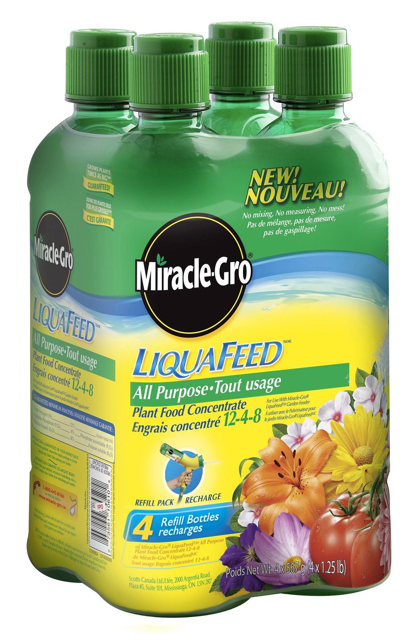Miracle-Gro LiquaFeed refill bottle for all-purpose fertilizer attached to a garden hose for easy lawn feeding