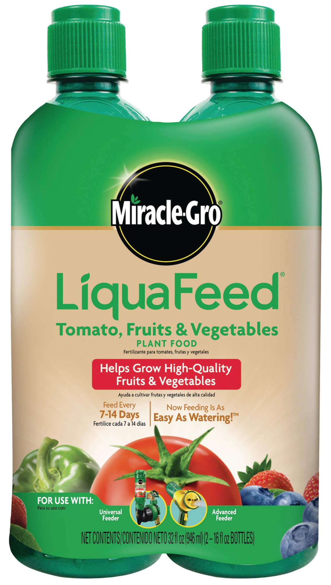Miracle-Gro LiquaFeed tomato bottle for fruits and vegetables.