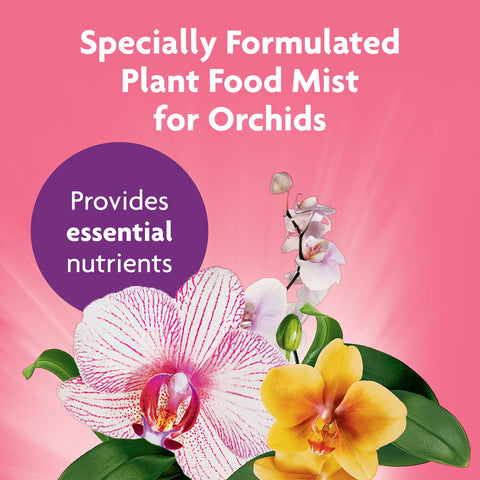 Miracle-Gro Orchid Food Mist leaves spray—targeted foliar feeding without flowers.