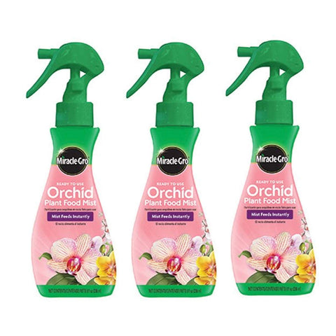 Miracle-Gro Orchid Plant Food Mist RTU3 bottle close-up for easy orchid care.