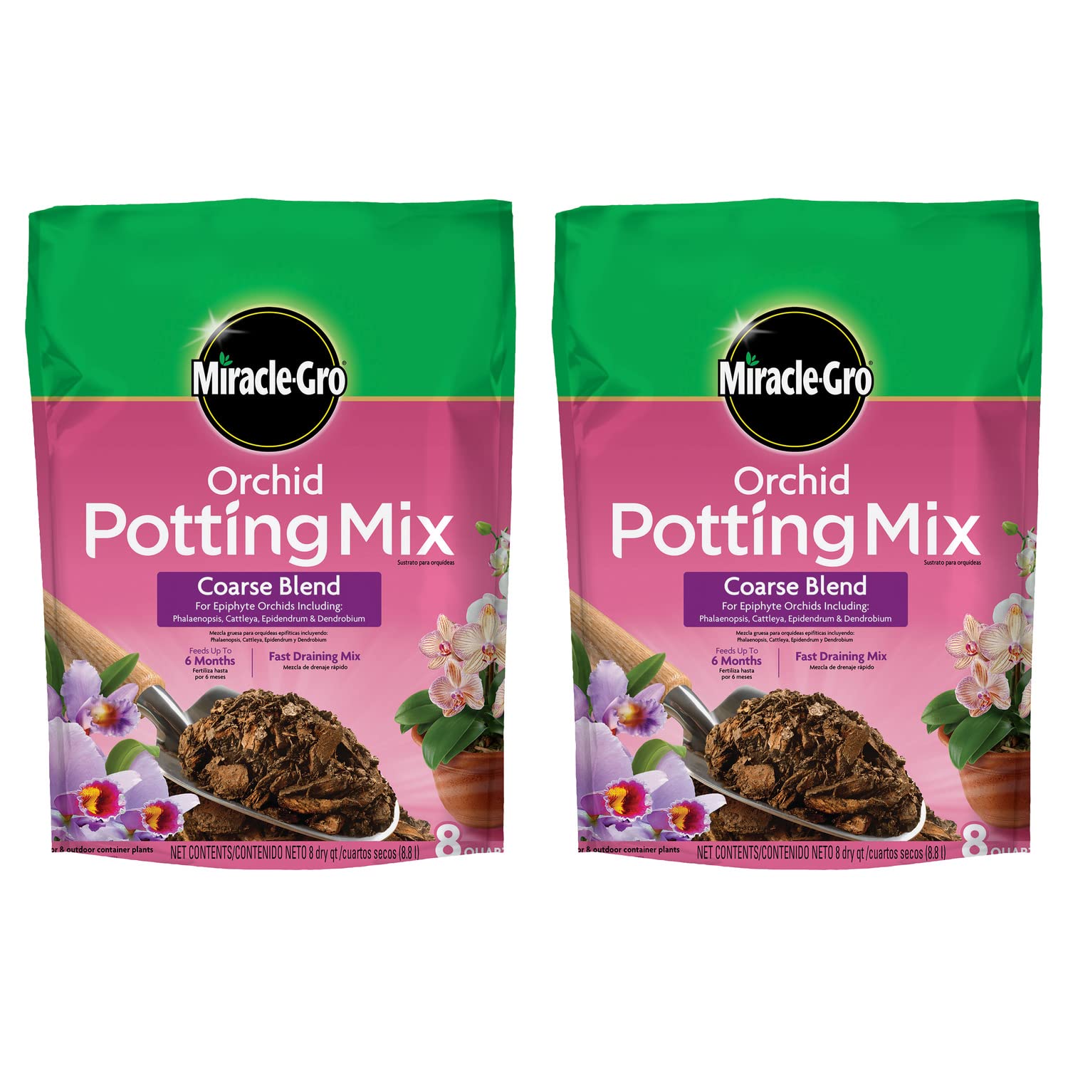 Miracle-Gro orchid potting mix coarse blend 8qt bag supports epiphytic orchids with fast drainage.