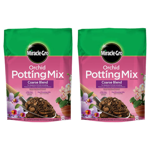 Miracle-Gro orchid potting mix coarse blend 8qt bag supports epiphytic orchids with fast drainage.