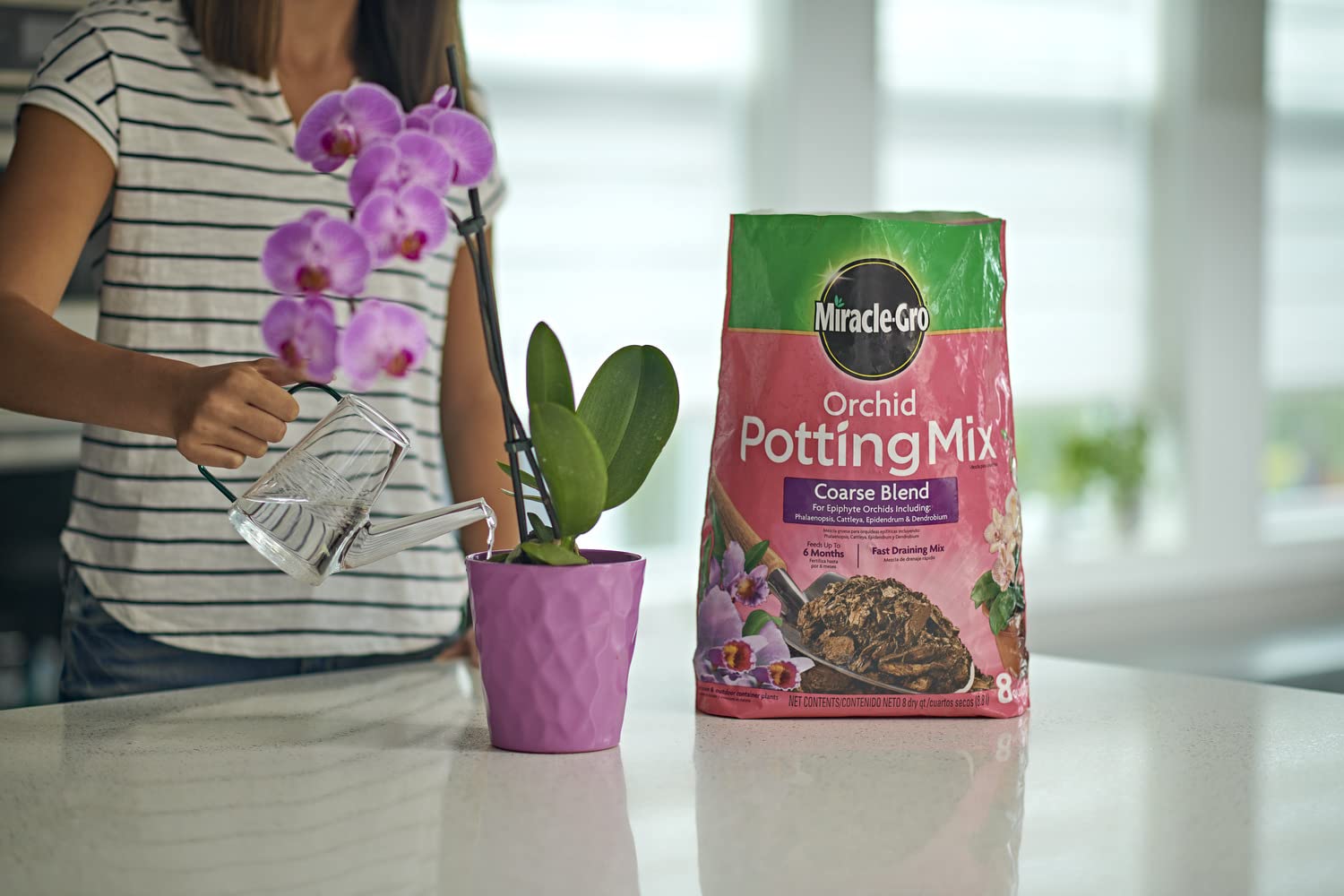 Miracle-Gro orchid mix ready in pot for planting with stable root environment.