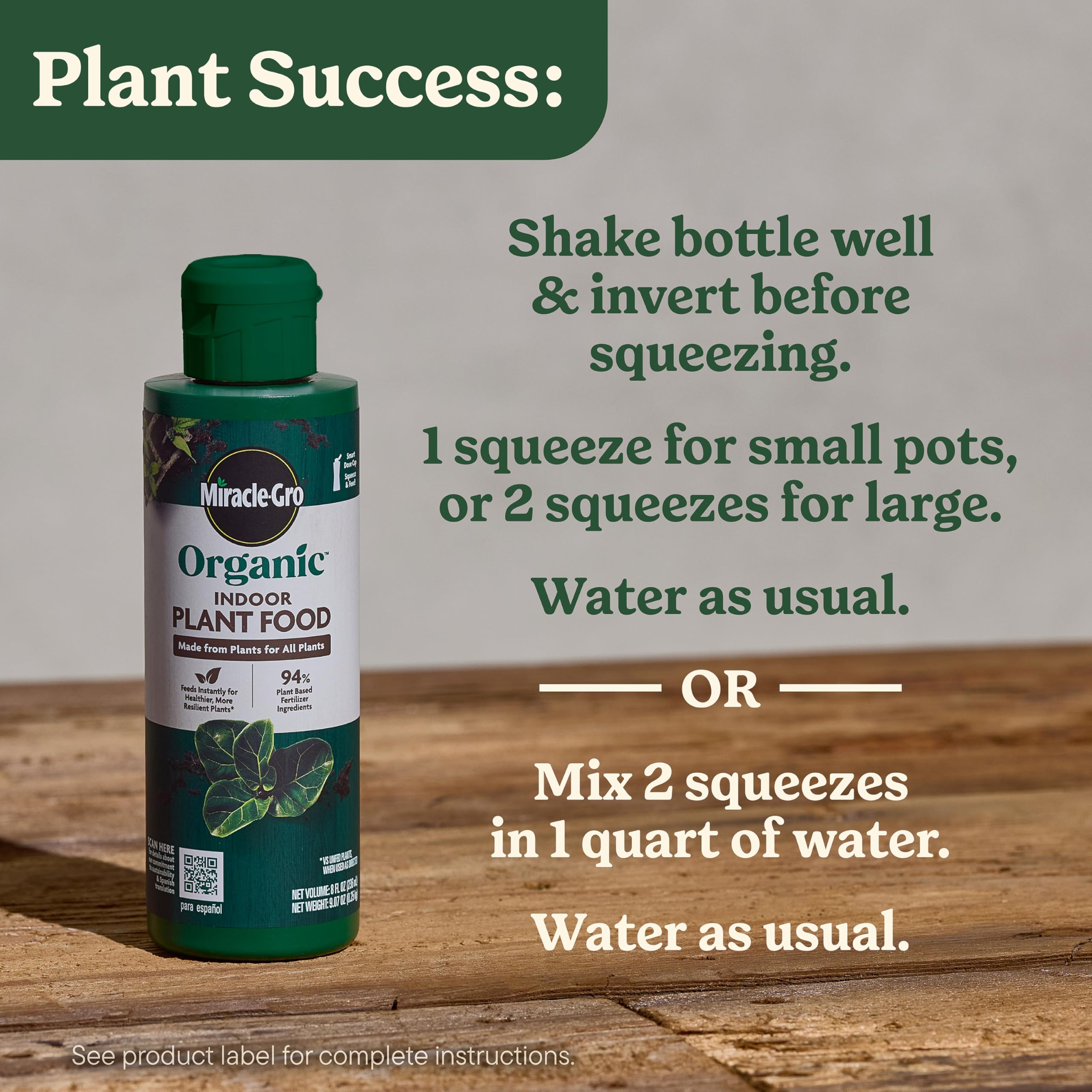 Miracle-Gro Organic Indoor Plant Food promotes healthy, vibrant leaves with regular feeding
