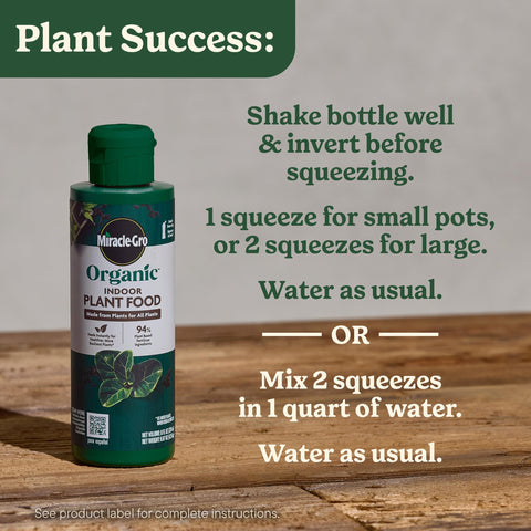 Miracle-Gro Organic Indoor Plant Food promotes healthy, vibrant leaves with regular feeding