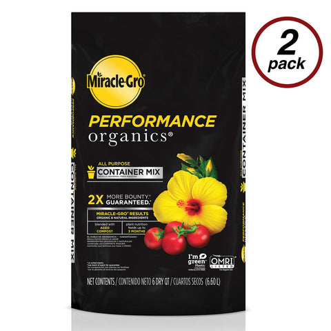 Miracle-Gro Performance Organics all-purpose container mix in pots promotes robust growth.