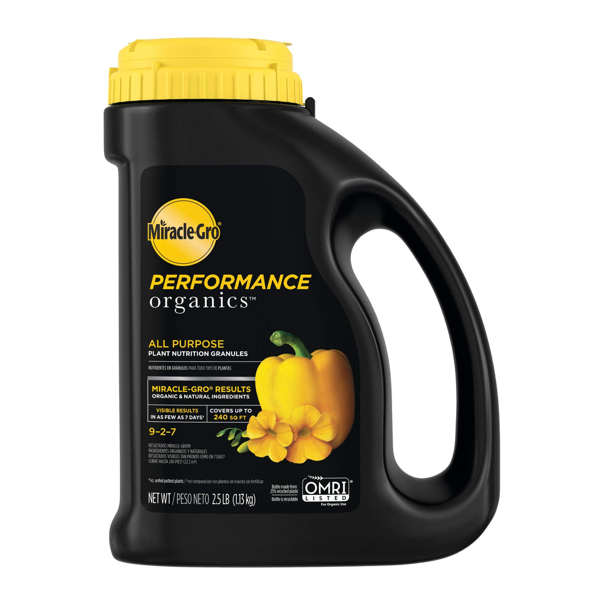 Miracle-Gro Performance Organics cap shaker for easy feeding on pots and beds.