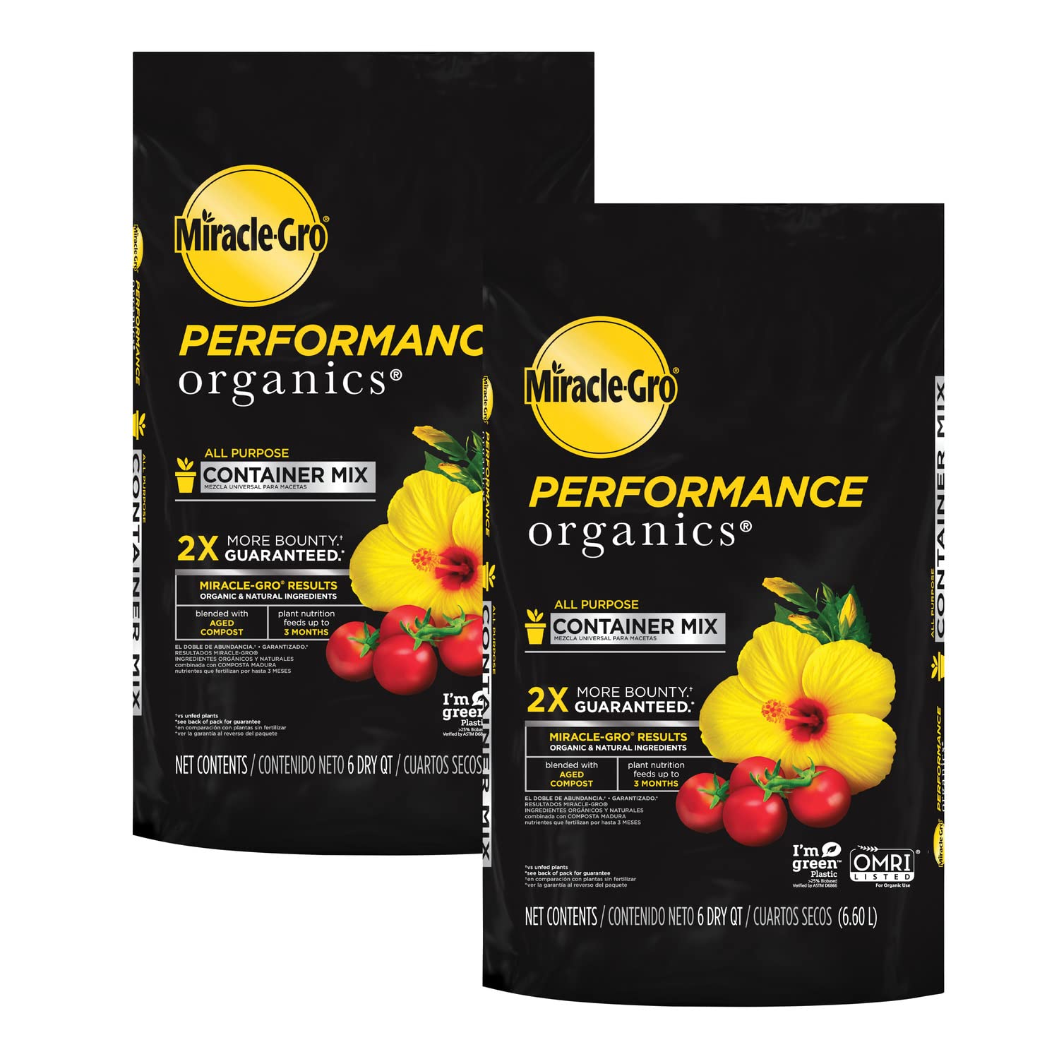 Miracle-Gro Performance Organics container mix bag for vibrant potted plants.