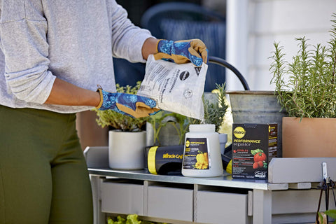 Miracle-Gro Performance Organics Edibles for container gardens supporting steady growth.