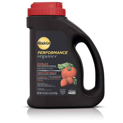 Packaging of Miracle-Gro Performance Organics Edibles granules for organic plant nutrition