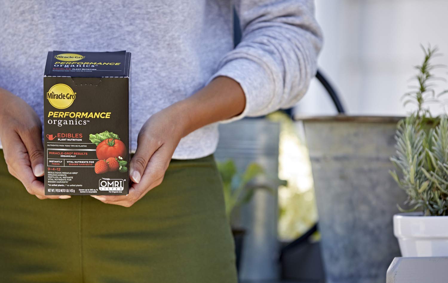 Miracle-Gro Performance Organics Edibles for herbs and fruits enabling quick uptake.