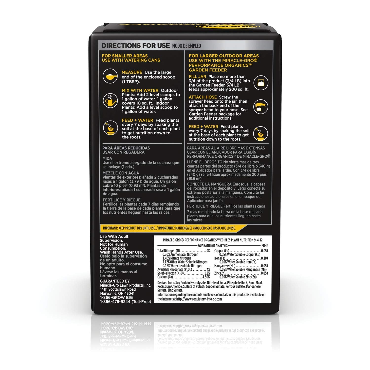 Miracle-Gro Performance Organics Edibles for tomatoes and vegetables promoting robust harvest.