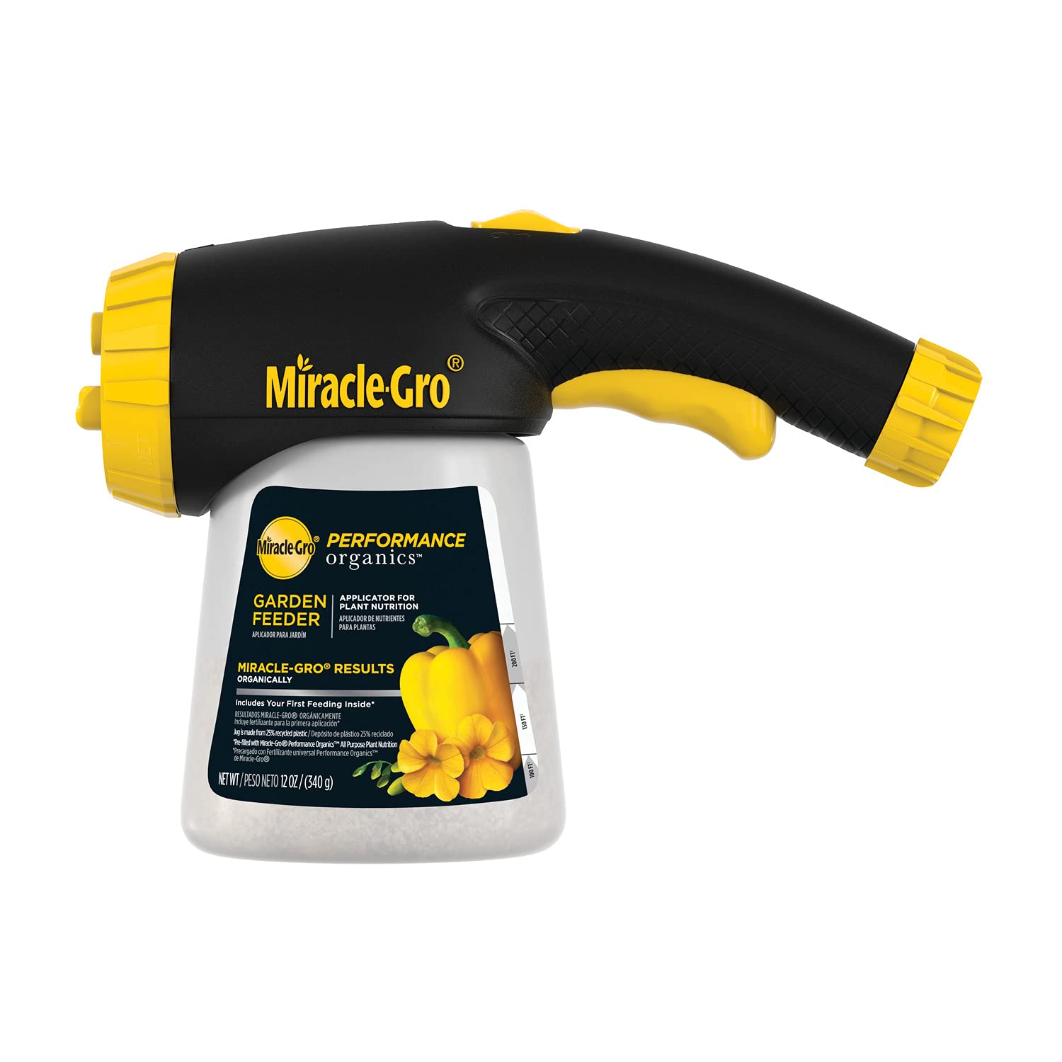 Miracle-Gro Performance Organics Garden Feeder attached to hose for easy feeding.