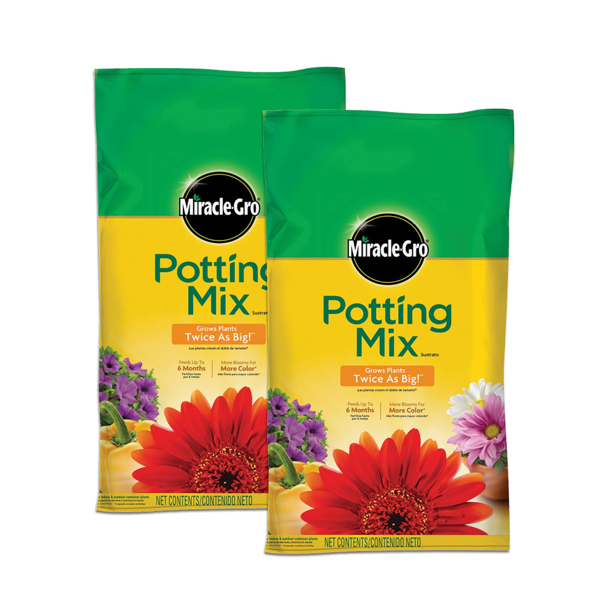 Miracle-Gro Potting Mix bag front shows two 16 qt packs for containers