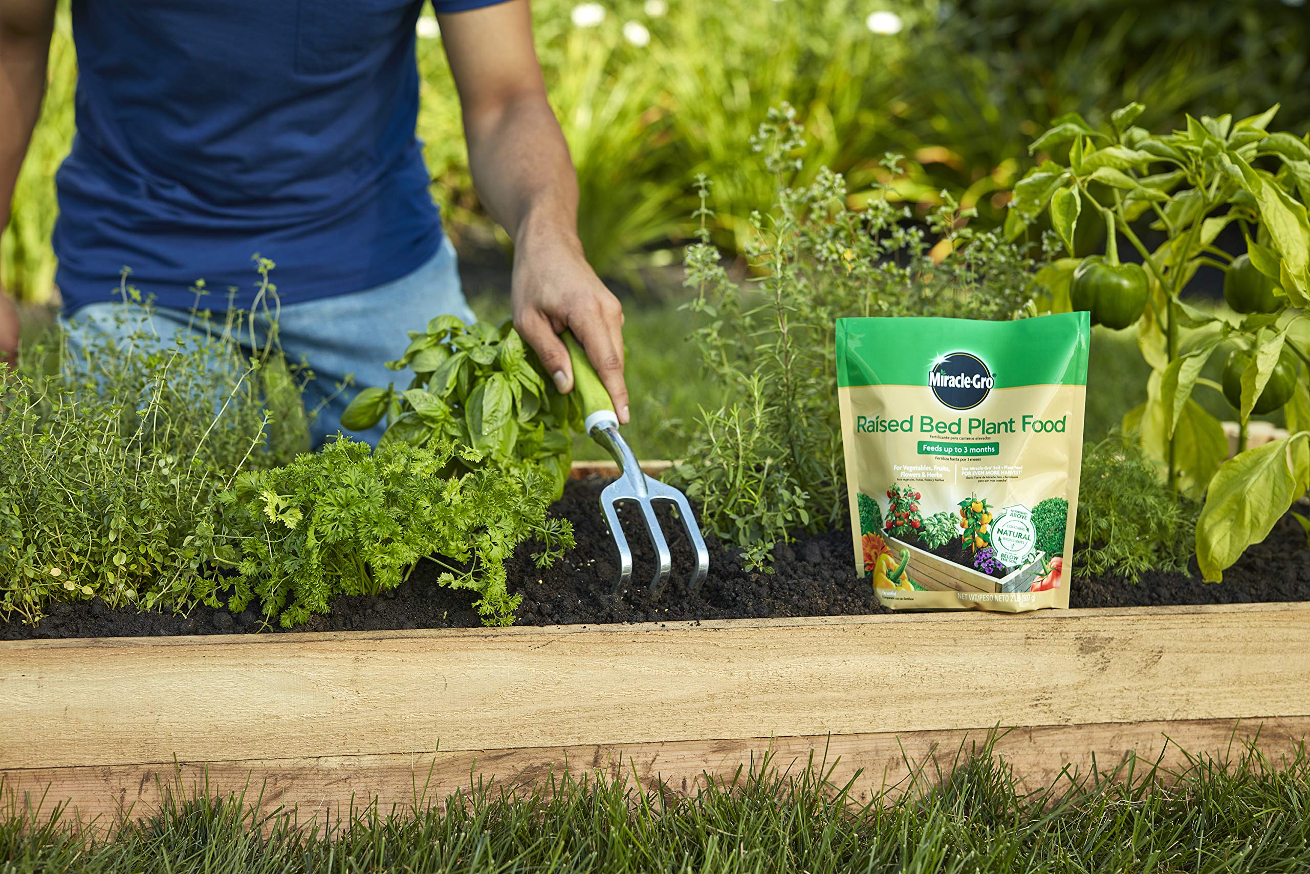 Soil mixing action of Miracle-Gro Raised Bed Plant Food for even nourishment.
