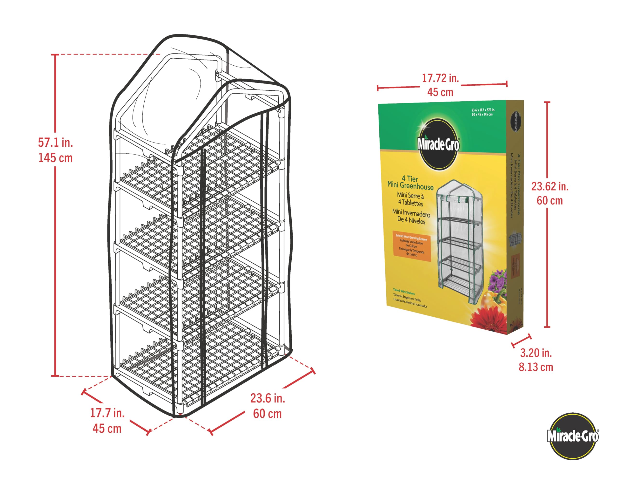 Miracle-Gro removable mesh shelves customize space for different pots and plants.