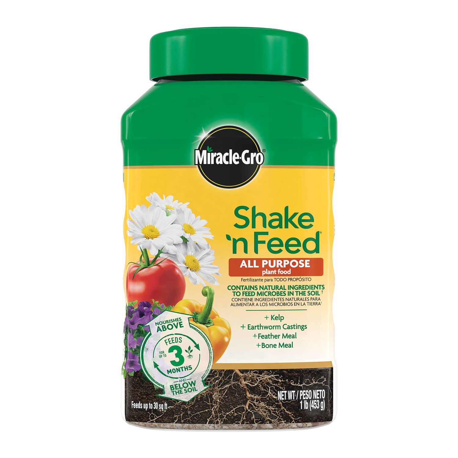 Miracle-Gro Shake 'N Feed bottle closeup showing 3-month feeding for indoor and outdoor plants