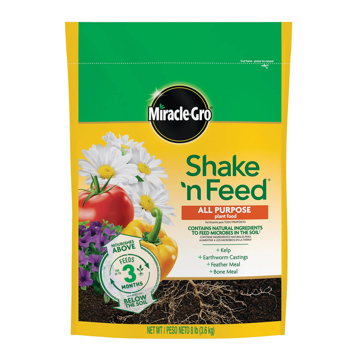 Miracle-Gro Shake 'N Feed container front for long-lasting indoor plant nourishment.