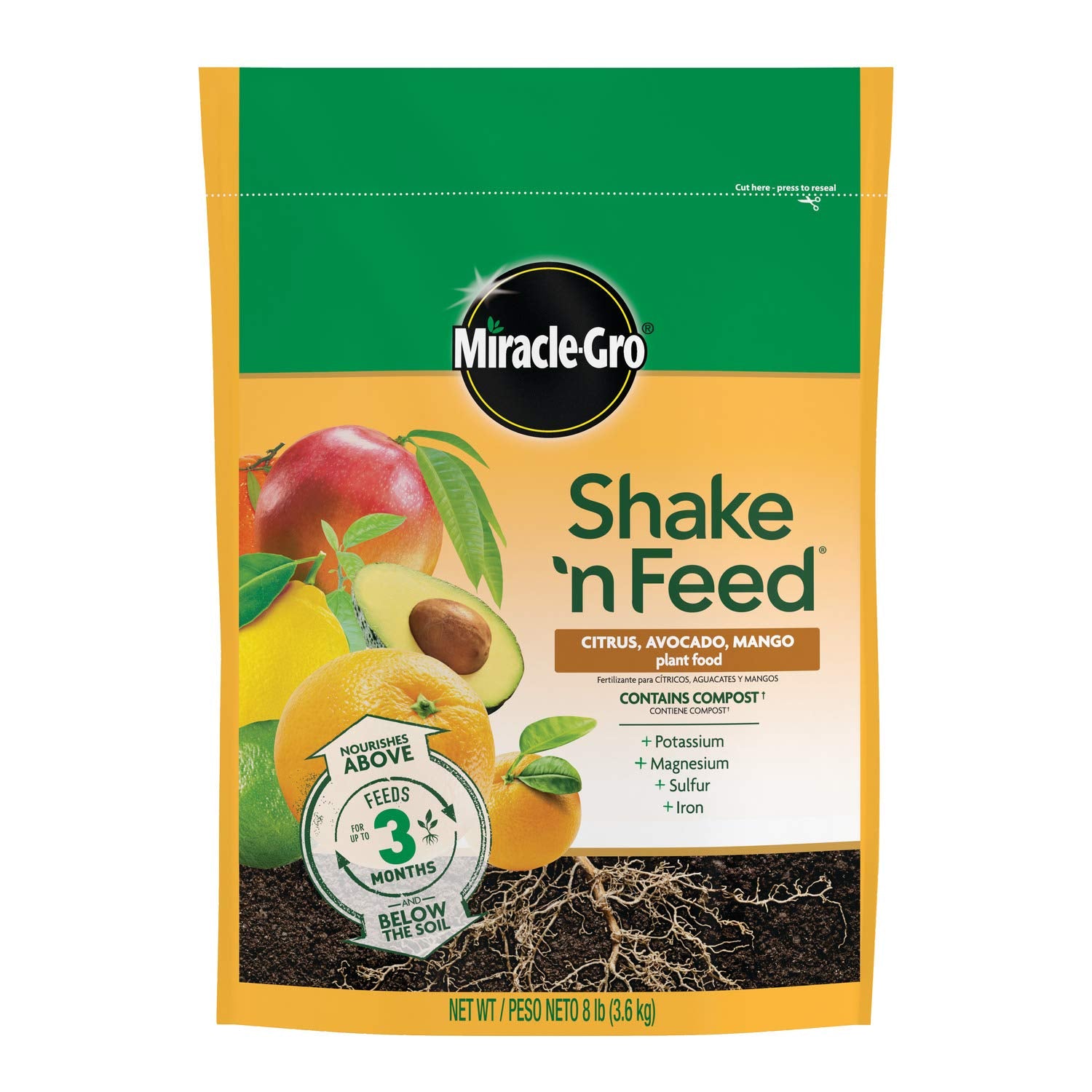 Miracle-Gro Shake 'n Feed Citrus, Avocado, Mango pour for even nutrient distribution to support healthy trees
