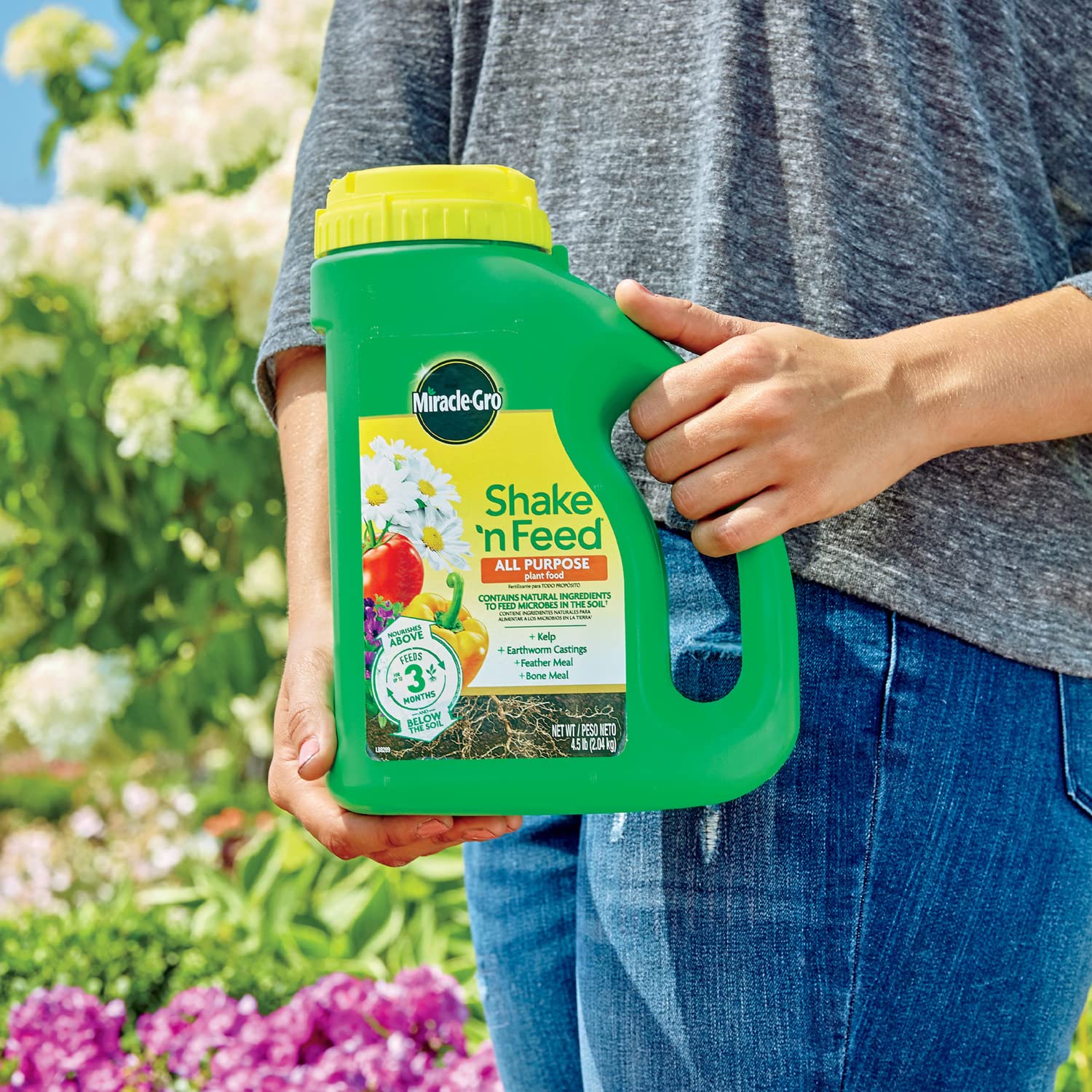 Miracle-Gro Shake 'N Feed spreads evenly on in-ground soil to nourish roots.